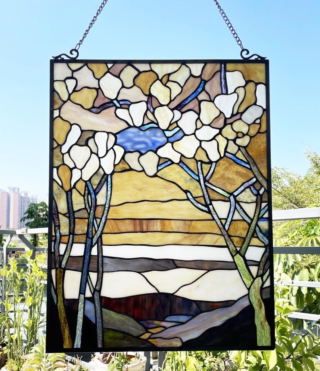 25" Antique Vintage Style Stained Glass Window Hanging Panel Suncatcher