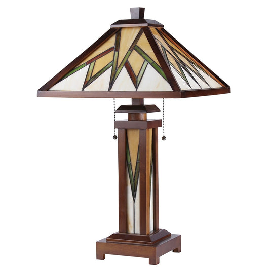 25.6  3 light Antique Vintage Style Stained Glass Wood Mission Table Lamp
