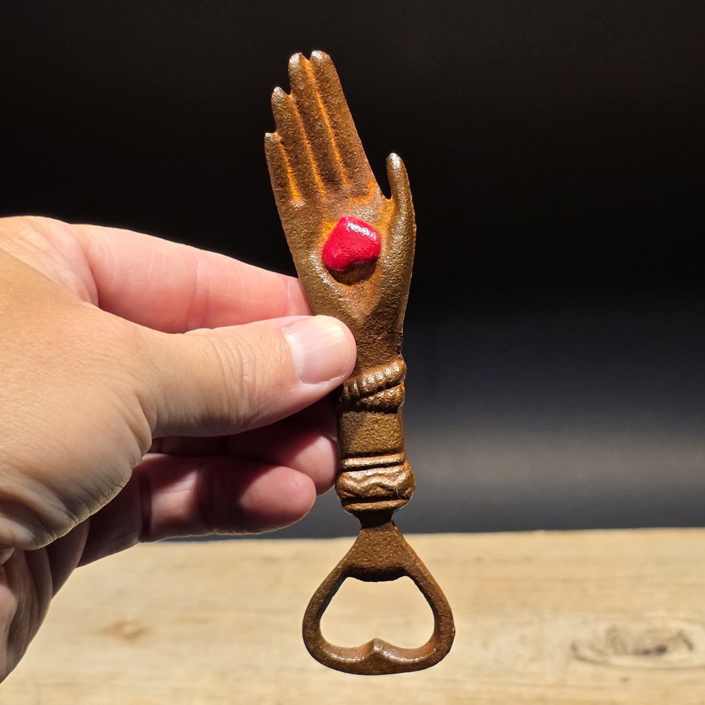 5 1/2" Cast Iron Heart in Hand Odd Fellows Bottle Opener