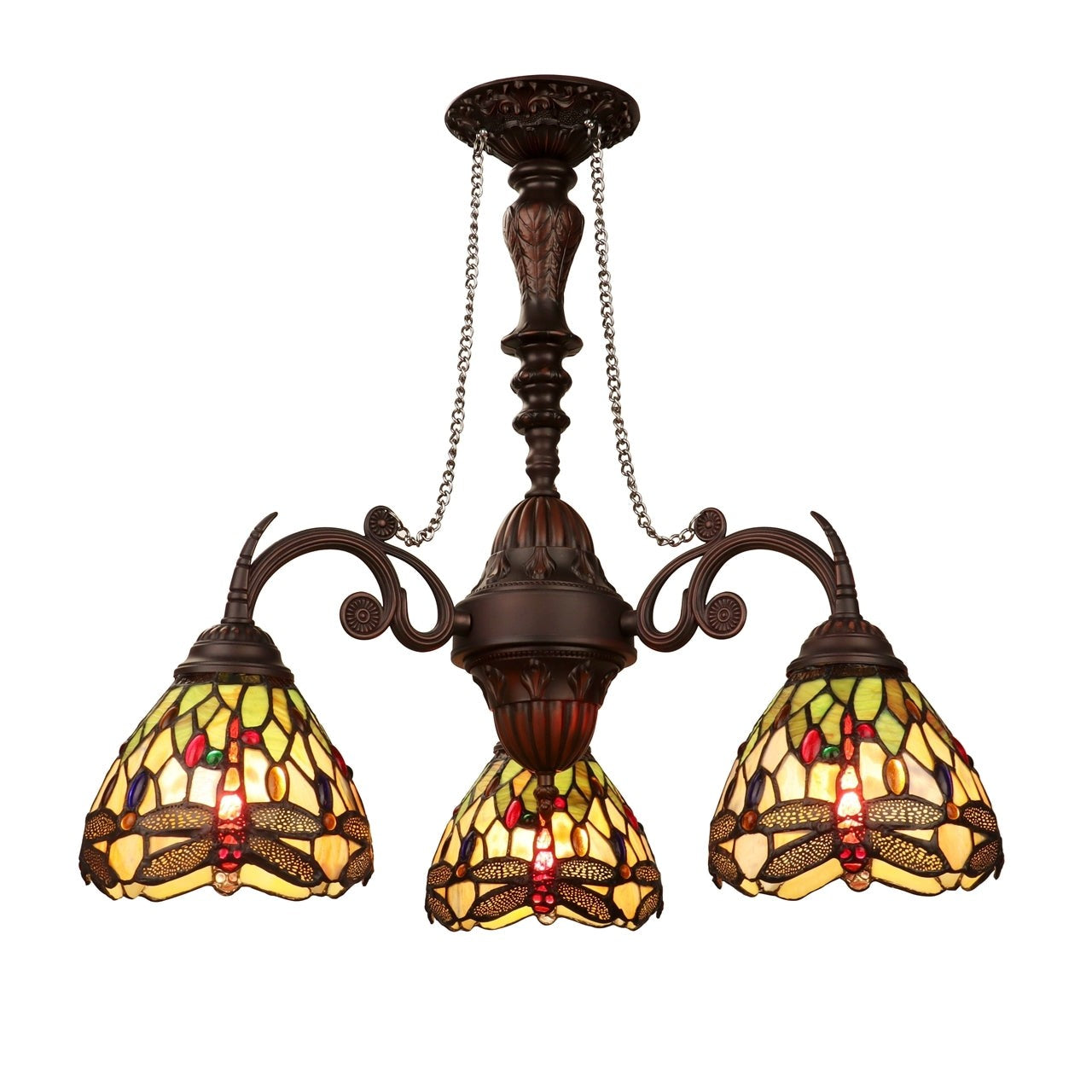 24" 3 Light Stained Glass Dragonfly Hanging Down Light Chandelier