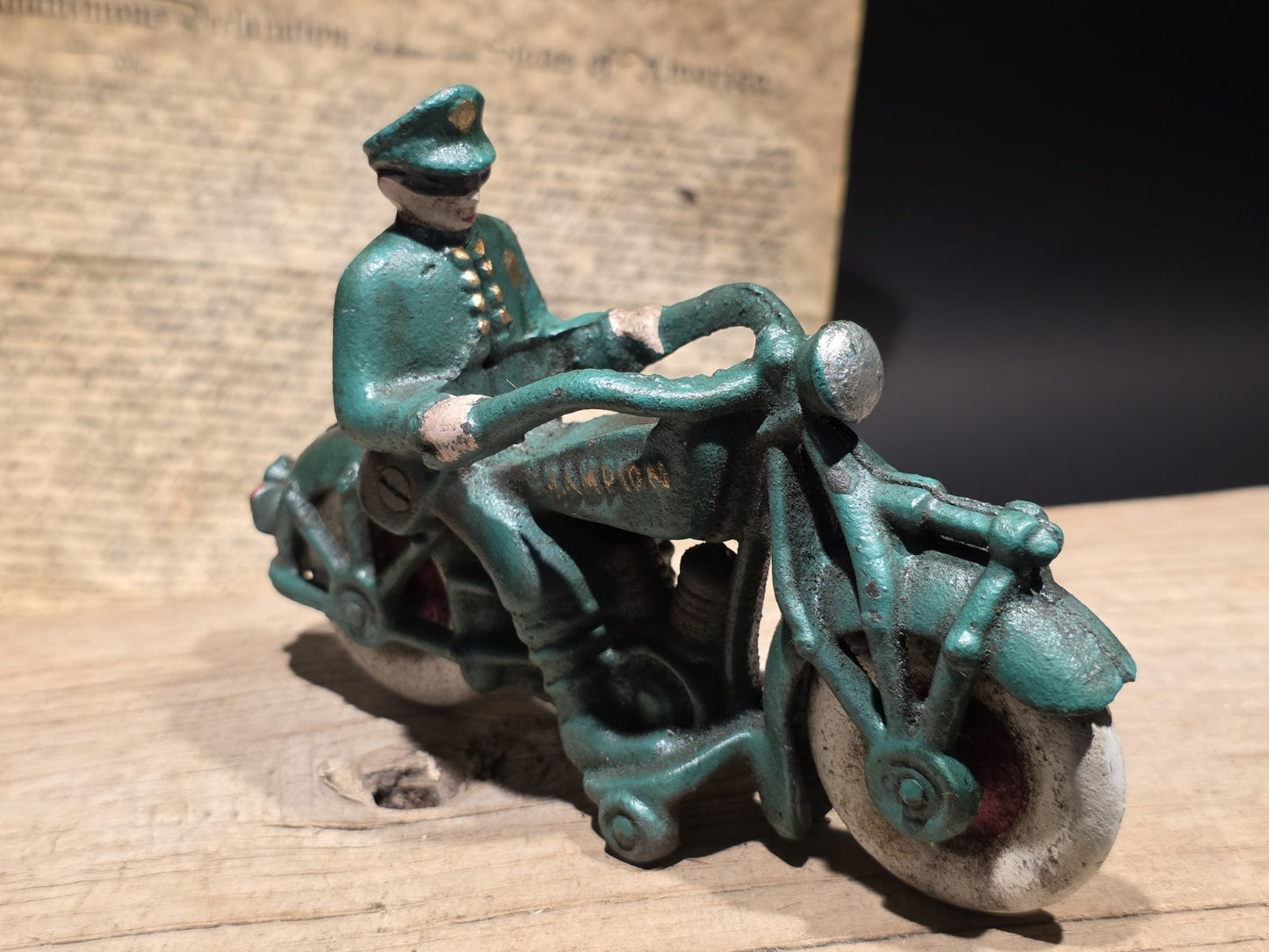 7" Vintage Cast Iron Police Motorcycle Toy Champion Patrol Officer Antique Style