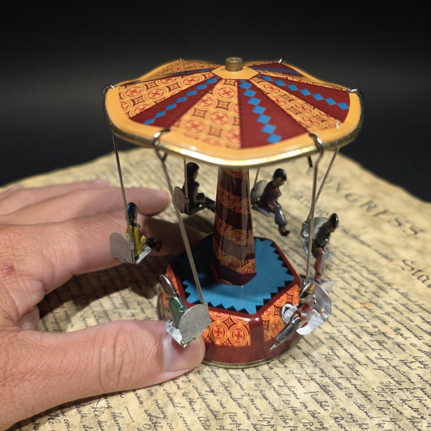 Vintage Style Tin Litho Carousel Swing Ride Wind-Up Amusement Park Toy