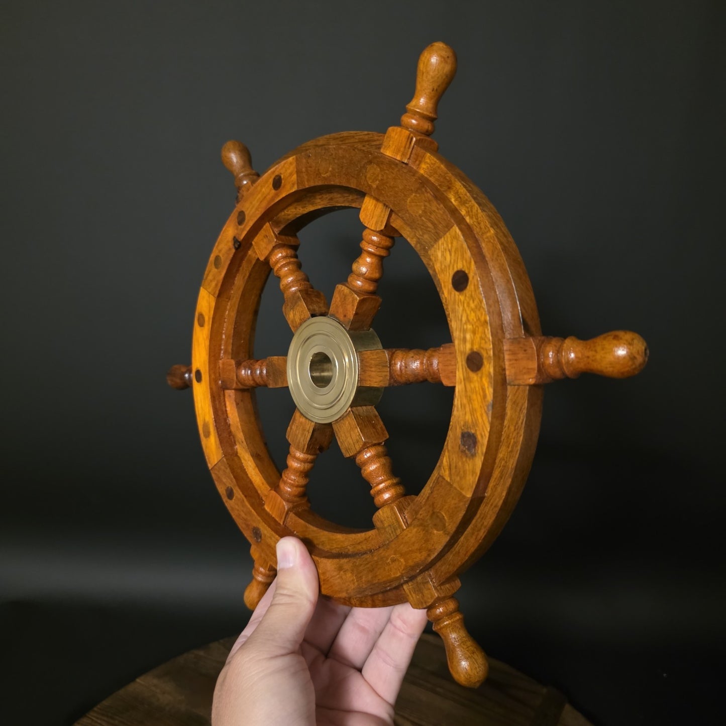 Wood Ship Wheel – Nautical Boat Helm Wall Decor Brass Center Hub