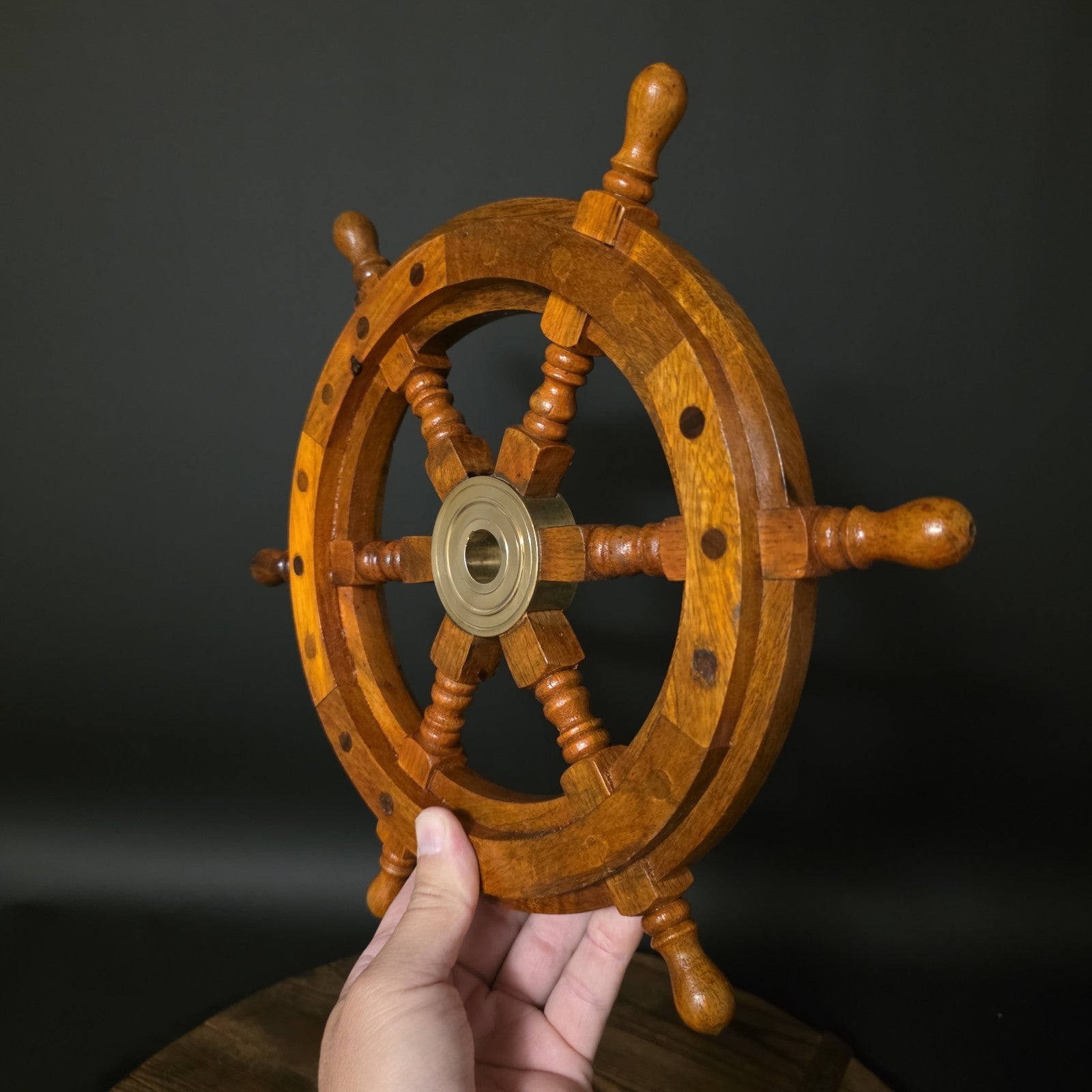 Wood Ship Wheel – Nautical Boat Helm Wall Decor Brass Center Hub