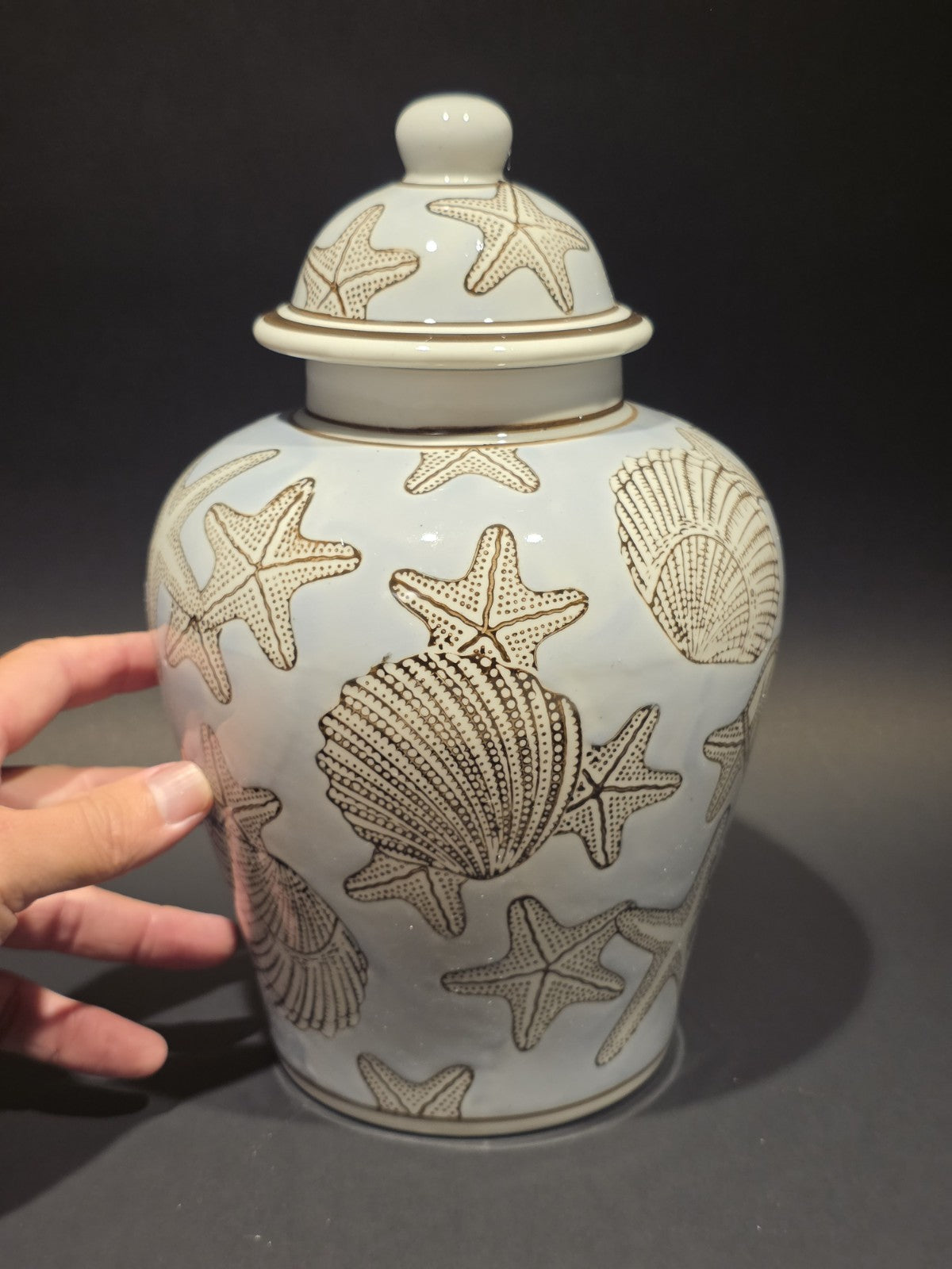 10" Vintage Style Sea Blue Ceramic Coastal Seashell Jar