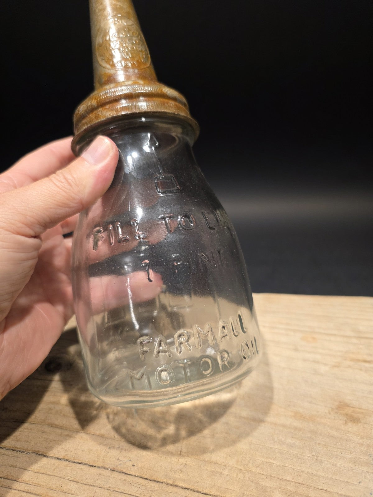 1930s Style Glass Farmall Oil Bottle w Spout