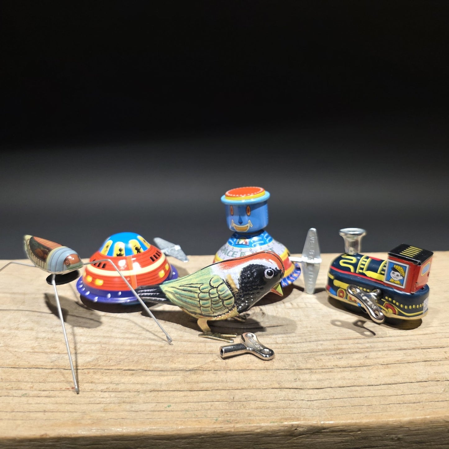 Vintage Tin Litho Wind-Up 5 Toy  Lot – Robot UFO Bird Train Cricket