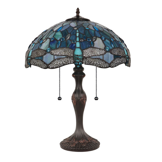 22.24" Antique Vintage Style Stained Glass Dragonfly Lighted Base Table Lamp
