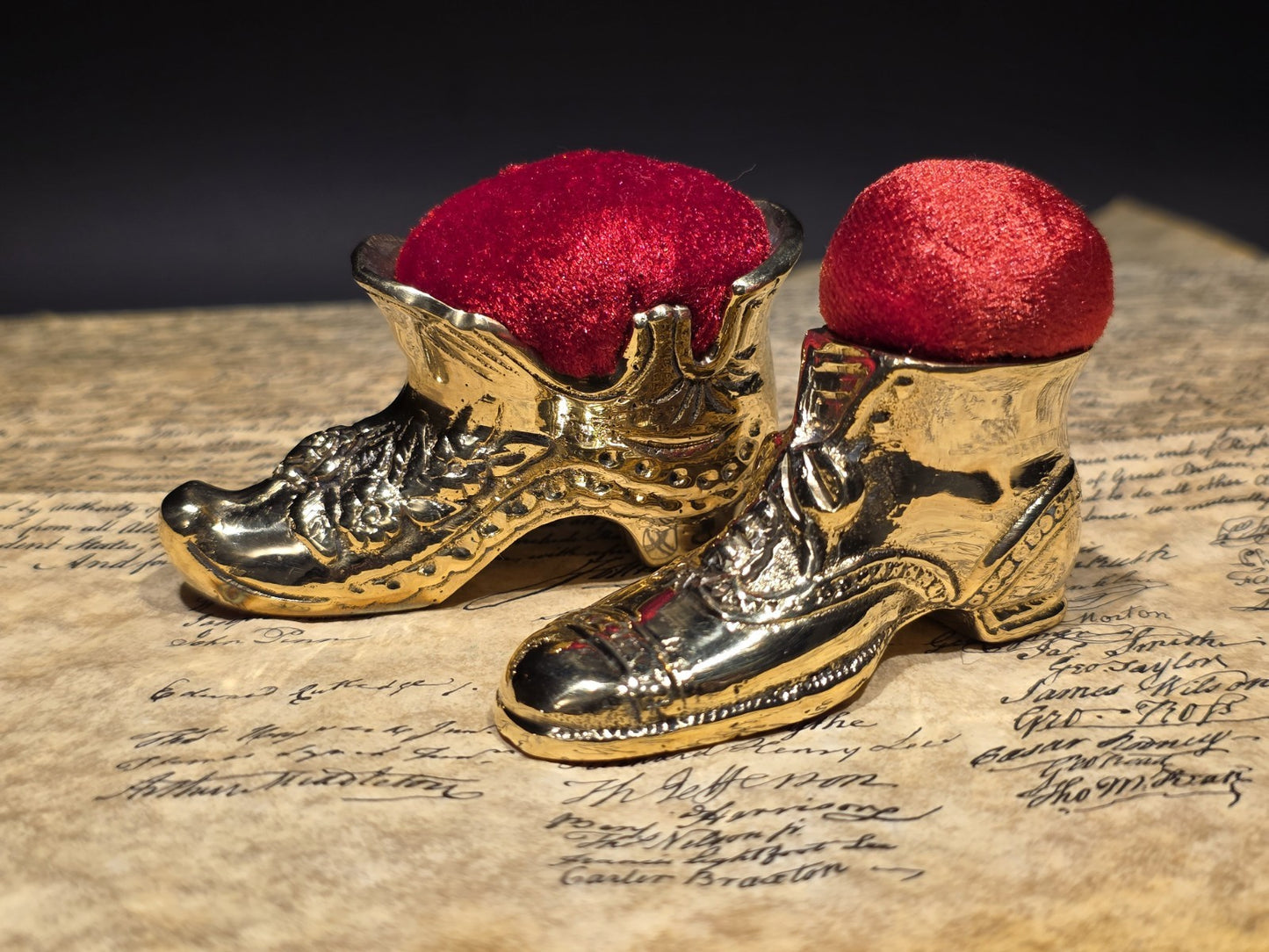 3" Miniature Brass Boot Sewing Pin Cushion Collection