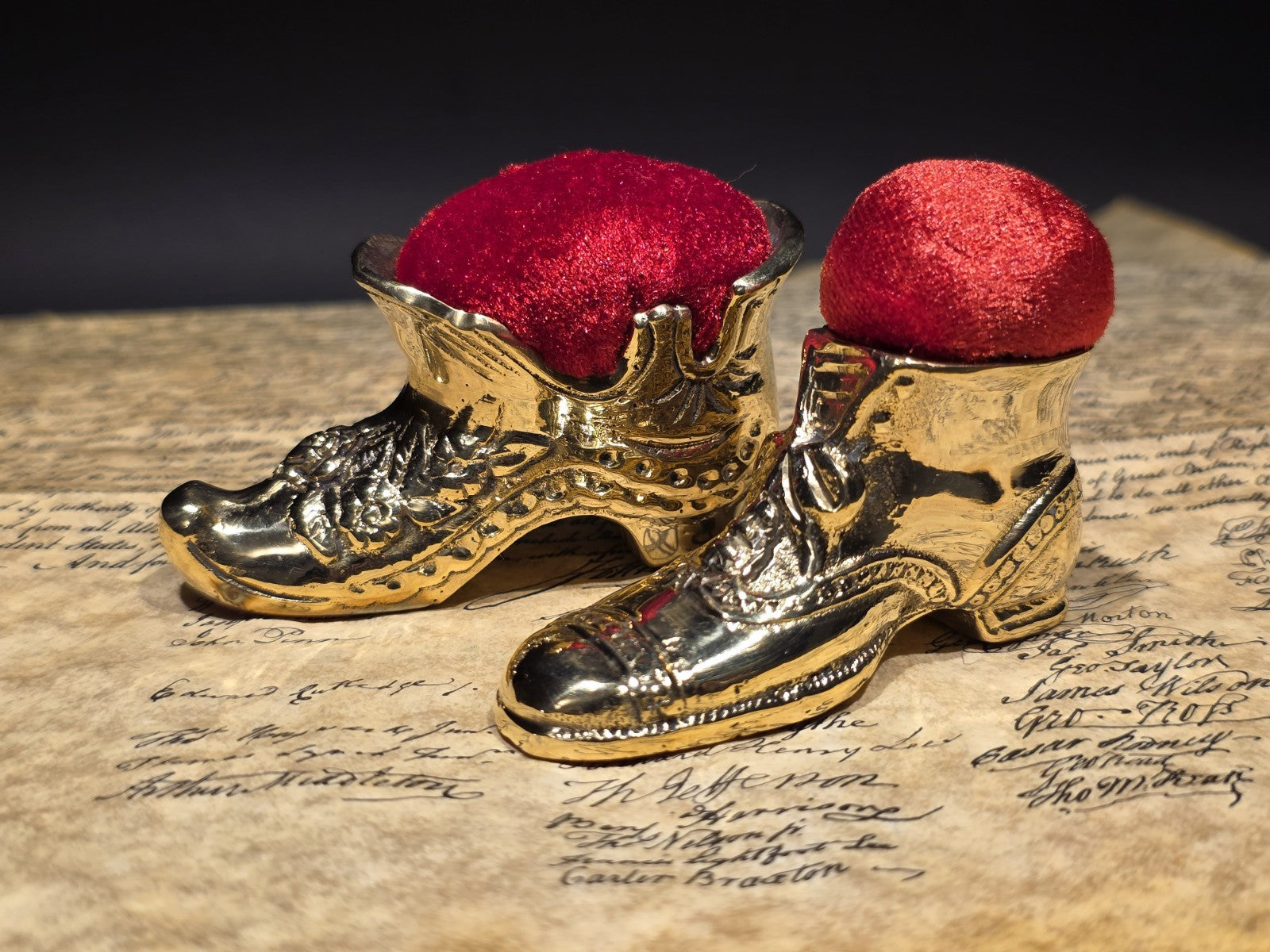 3" Miniature Brass Boot Sewing Pin Cushion Collection