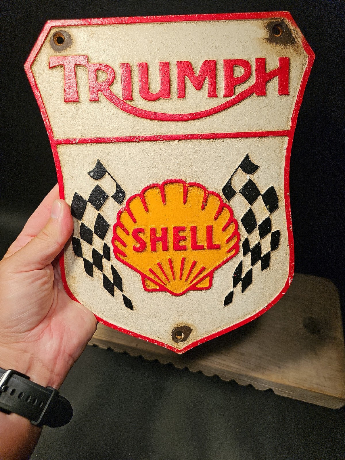Antique Vintage Style Cast Iron Triumph Shell Gas Oil Sign Plaque