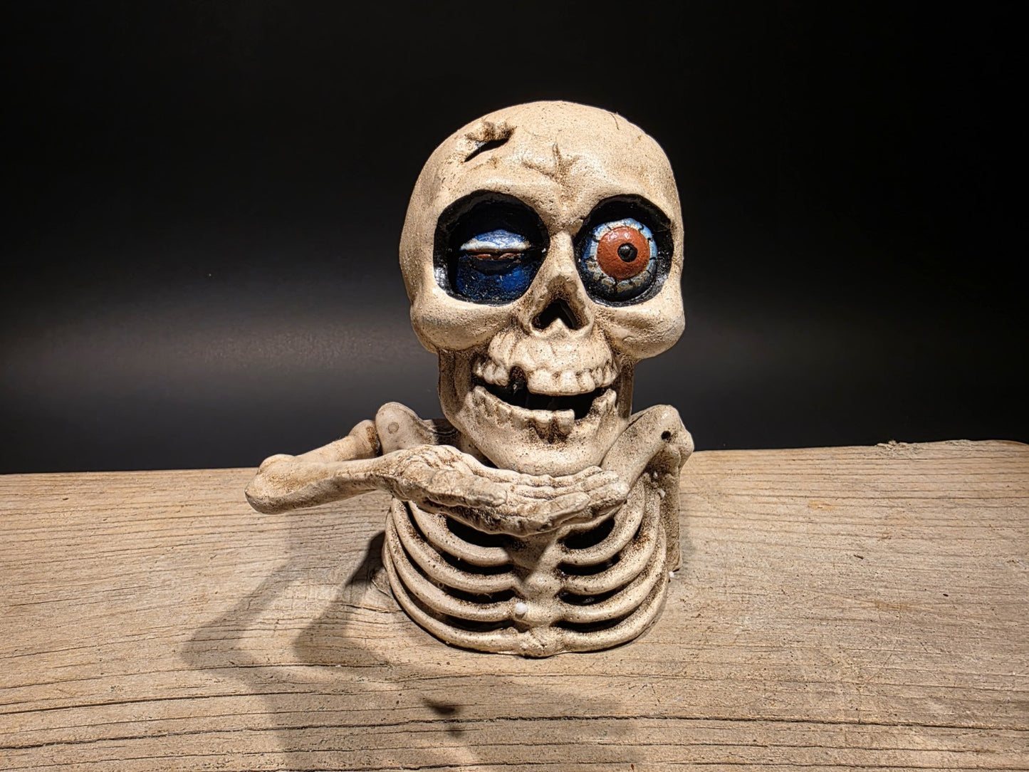 Antique Style Cast Iron Mechanical Halloween Skeleton Coin Bank