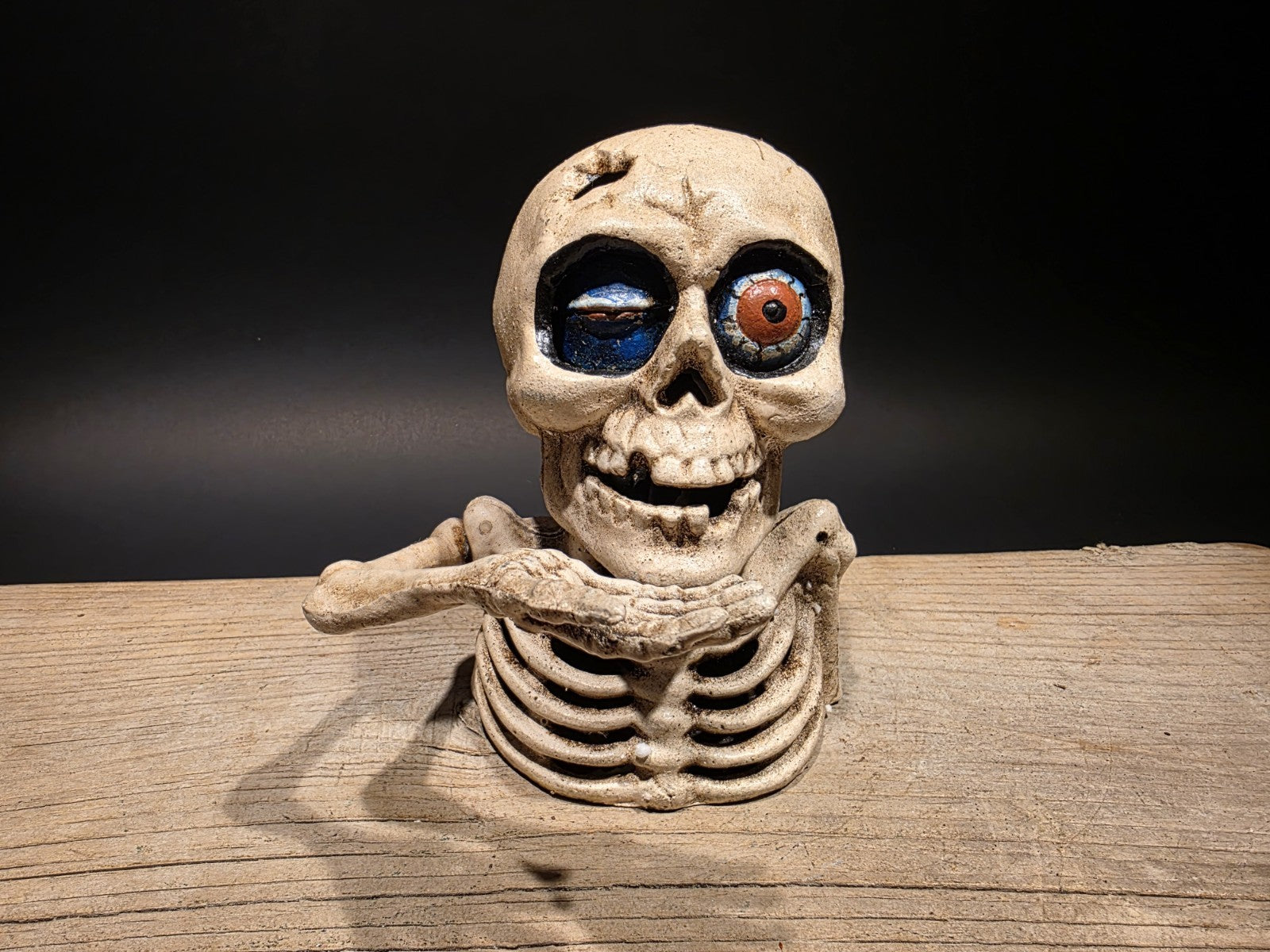 Antique Style Cast Iron Mechanical Halloween Skeleton Coin Bank