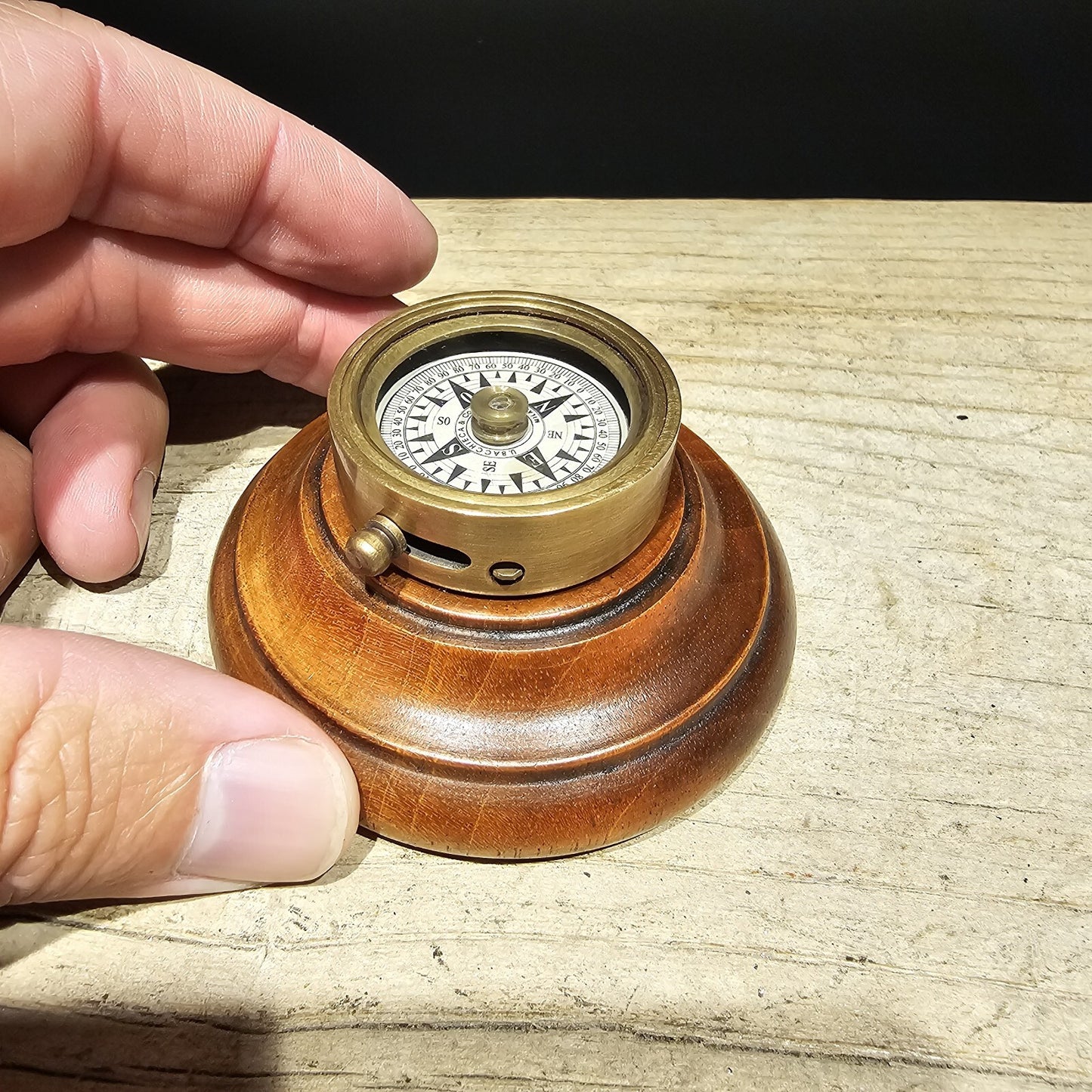 Antique Style Turned Mahagony Wood and Brass Compass