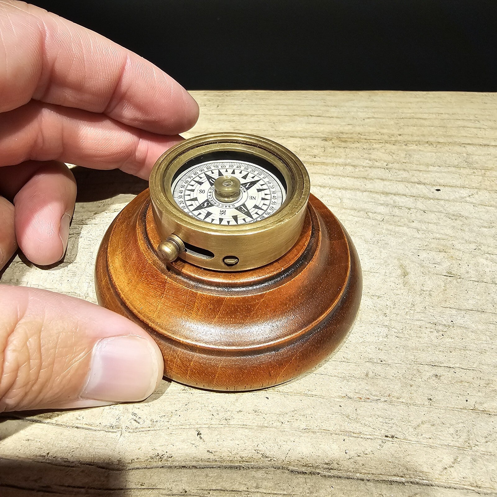 Antique Style Turned Mahagony Wood and Brass Compass
