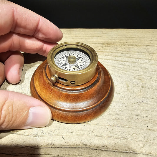 Antique Style Turned Mahagony Wood and Brass Compass
