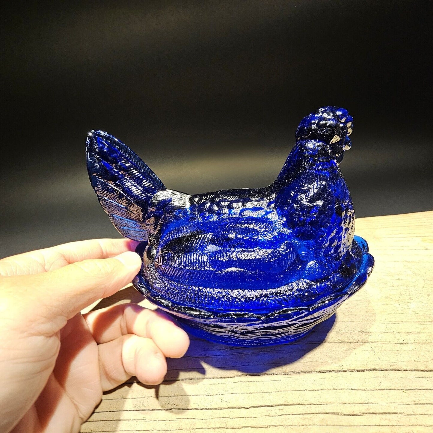 Antique Vintage Style Cobalt Blue Depression Glass Chicken Hen On Nest Dish
