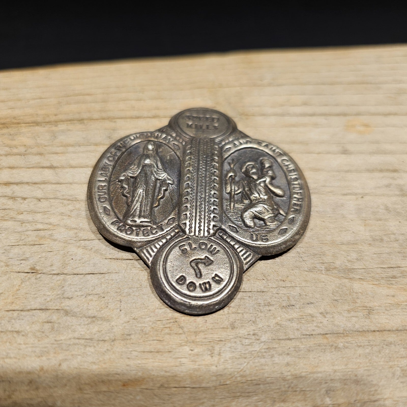 Antique Vintage Style Aluminum St. Christopher Patron of Safe Travel Visor Clip