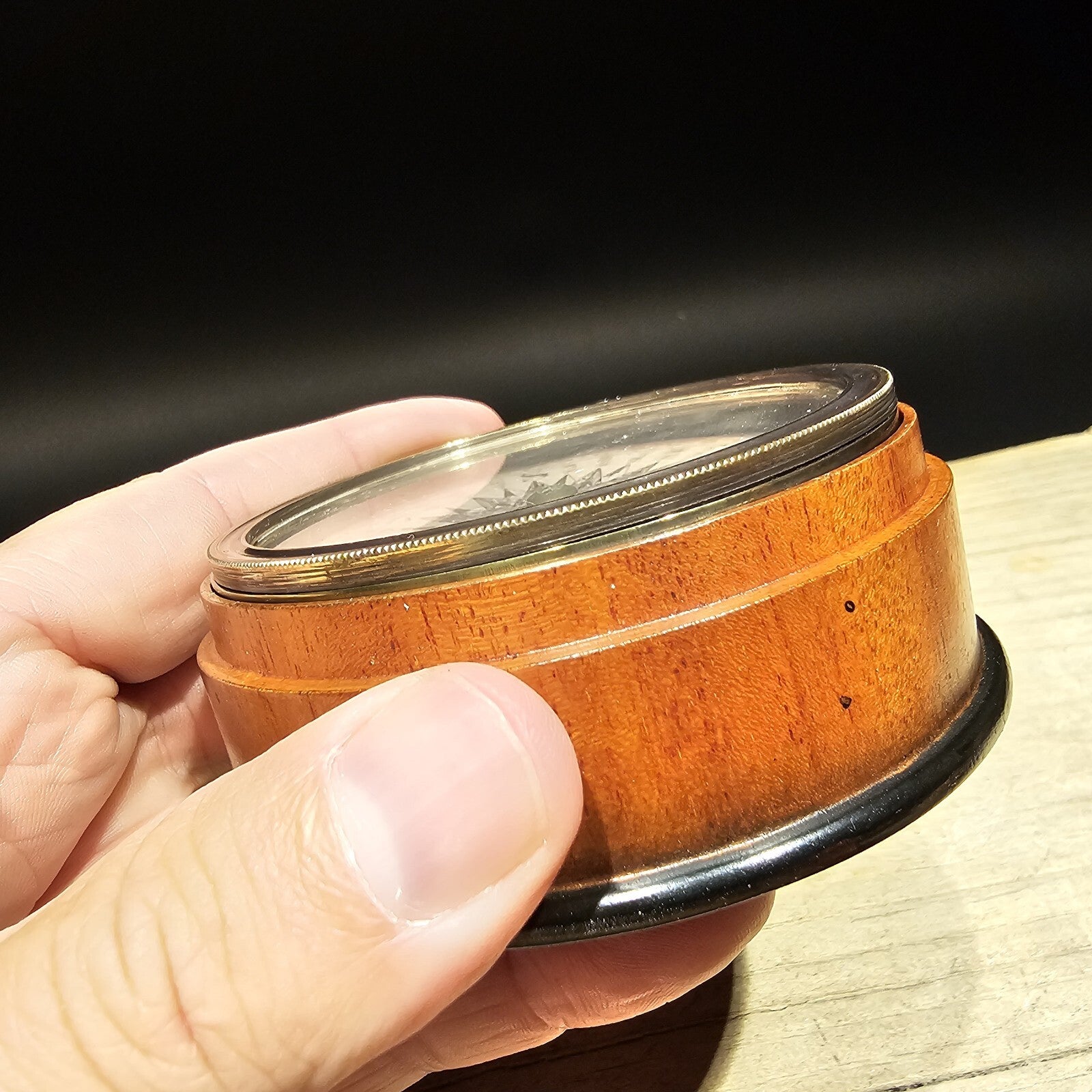 Antique Style Turned Mahagony Wood Compass with Lid