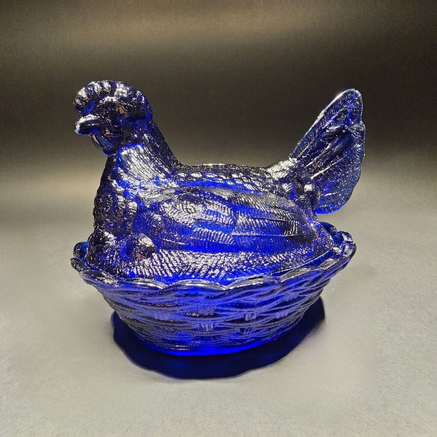 Antique Vintage Style Cobalt Blue Depression Glass Chicken Hen On Nest Dish