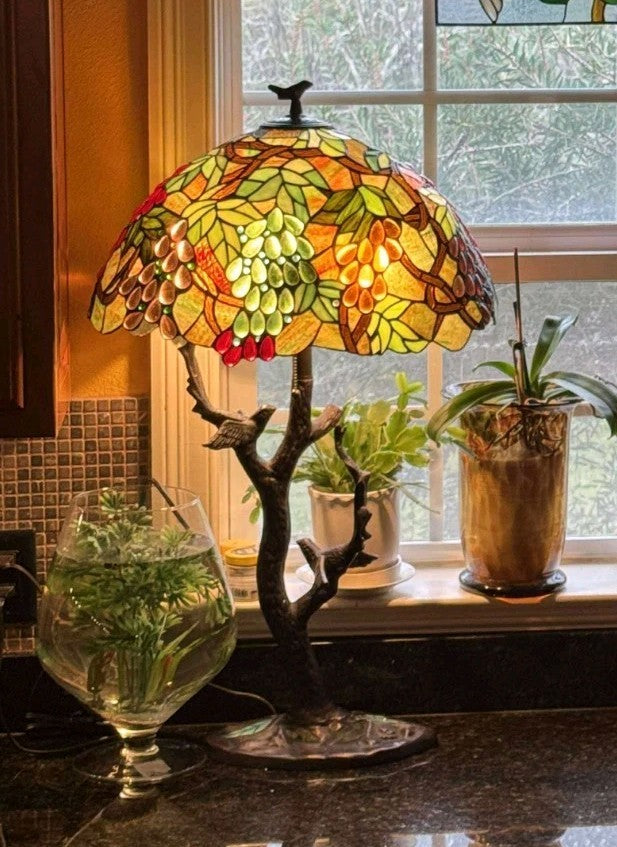 32.5" Antique Vintage Style Stained Glass Oval Grapes Table Lamp