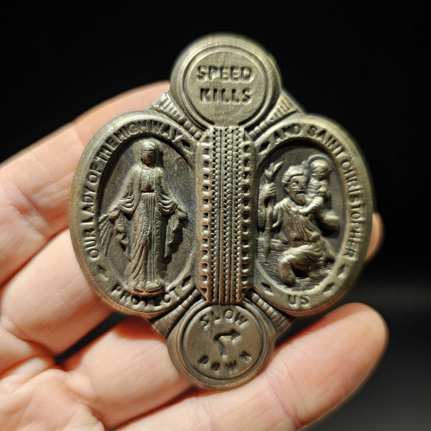 Antique Vintage Style Aluminum St. Christopher Patron of Safe Travel Visor Clip