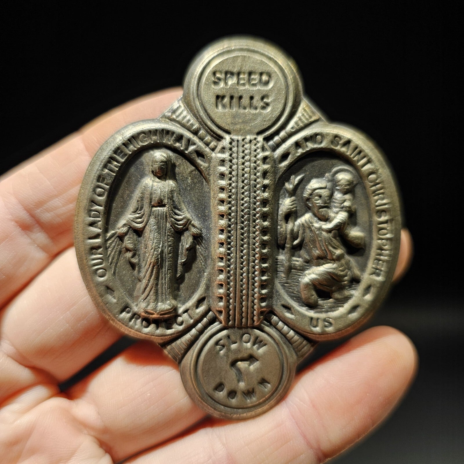Antique Vintage Style Aluminum St. Christopher Patron of Safe Travel Visor Clip