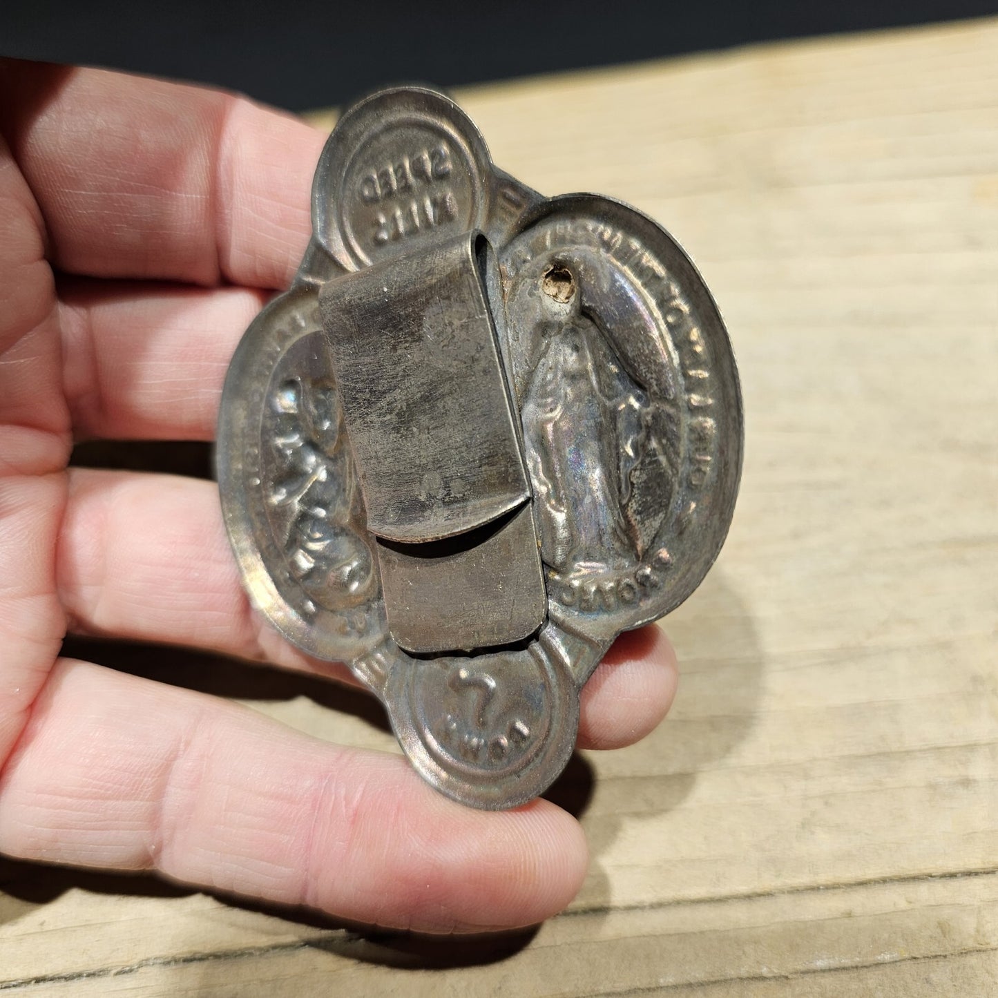 Antique Vintage Style Aluminum St. Christopher Patron of Safe Travel Visor Clip