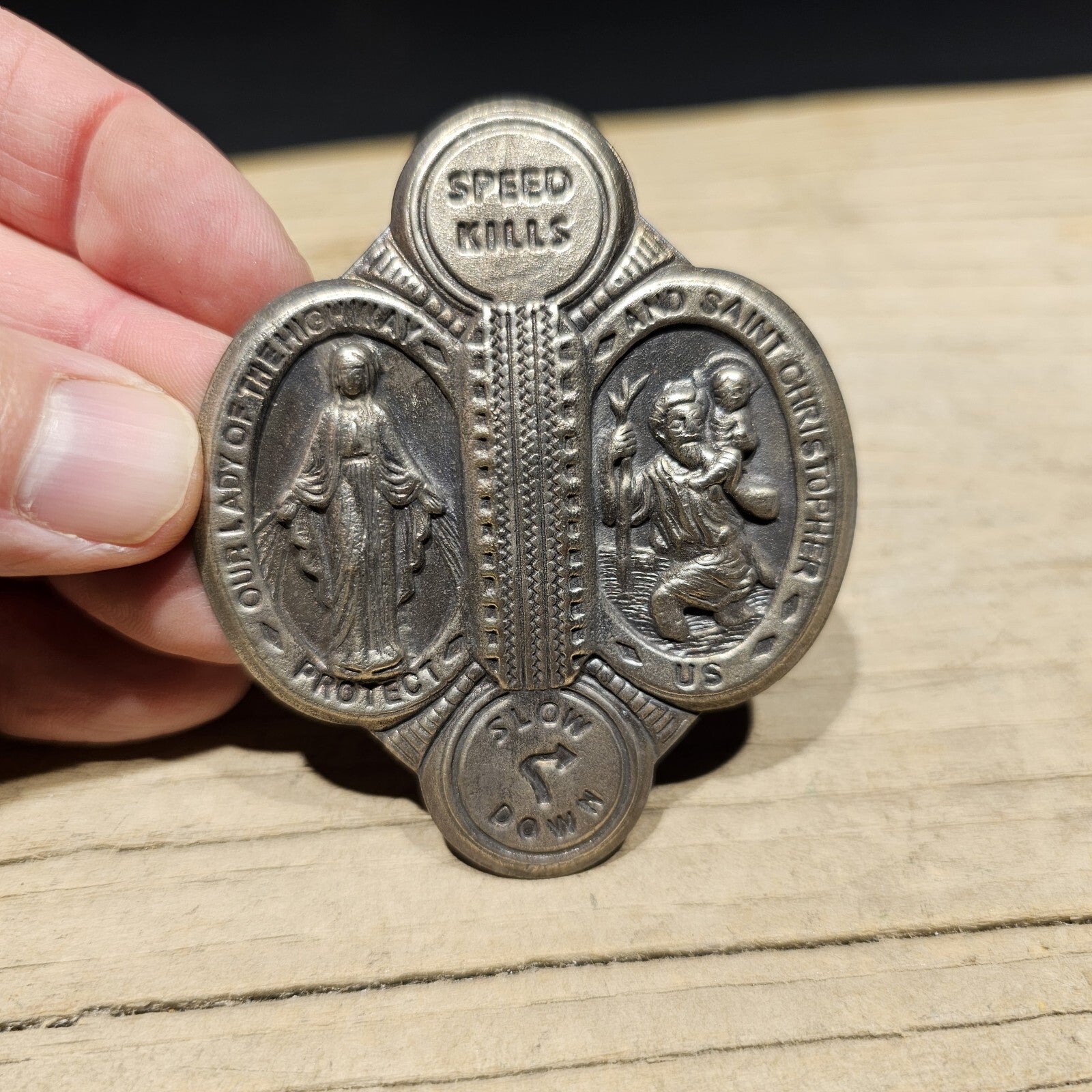 Antique Vintage Style Aluminum St. Christopher Patron of Safe Travel Visor Clip