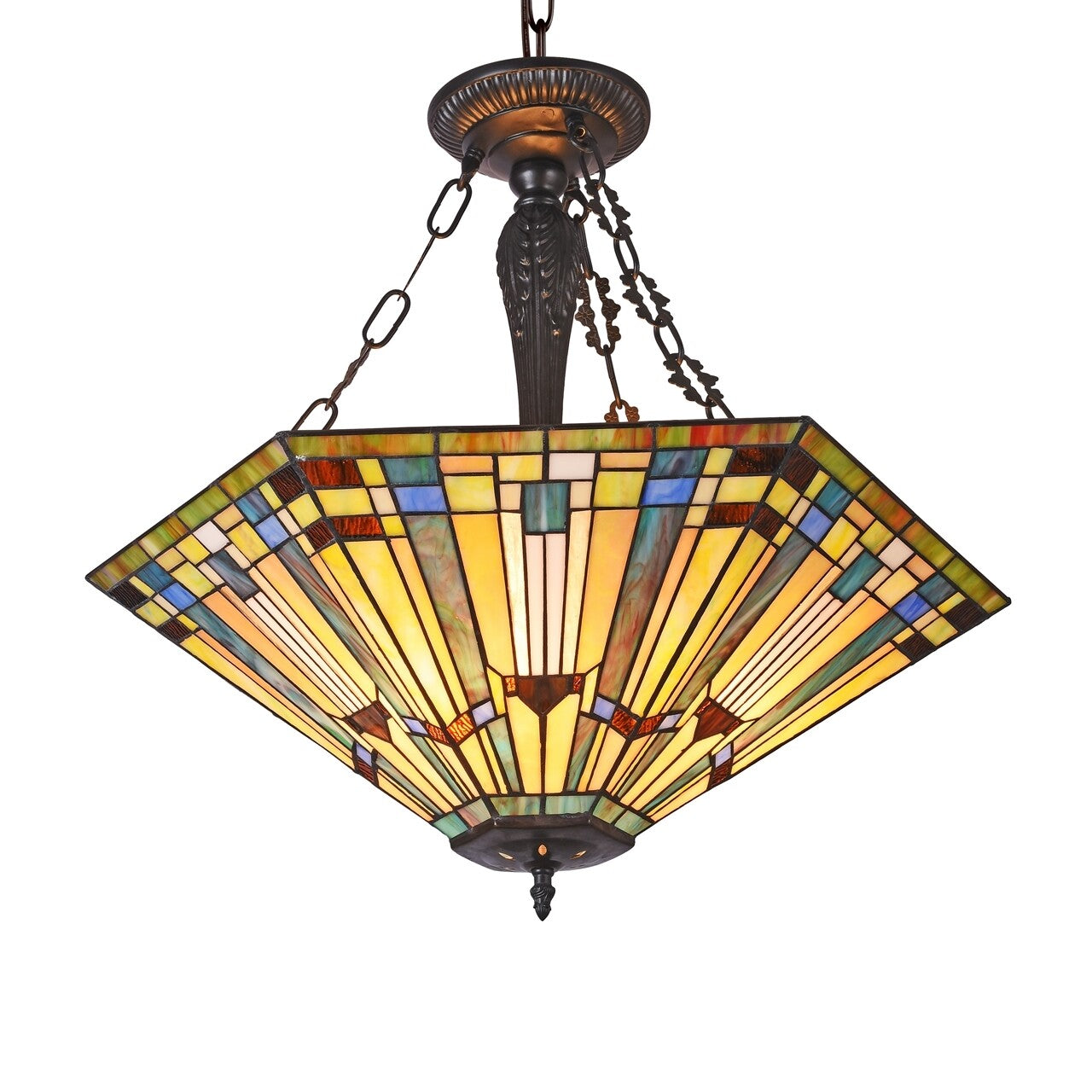 24.4" 3 Light Stained Glass Hanging Inverted Pendant Ceiling Uplight