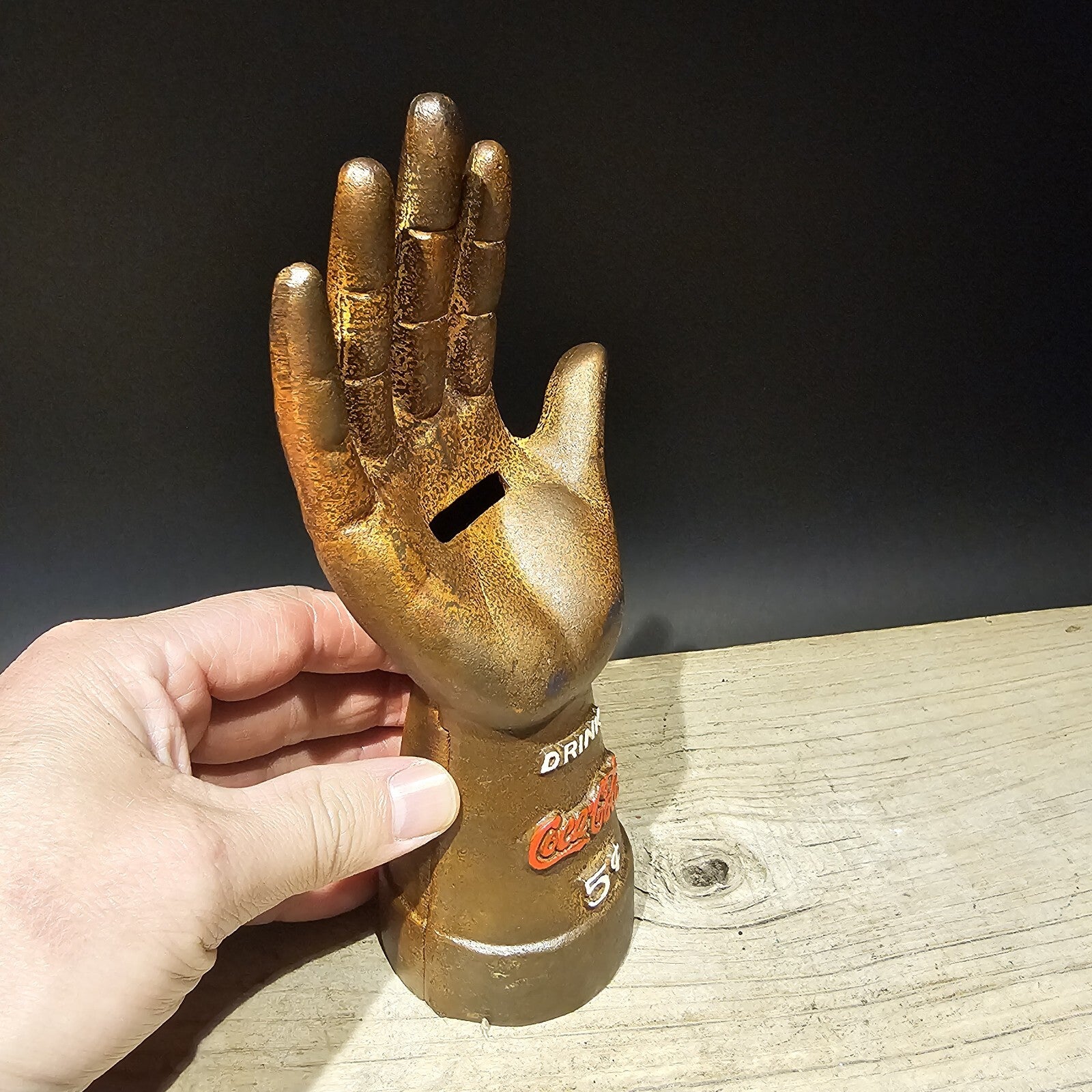Vintage Antique Style Cast Iron Coca Cola Hand Coin Bank