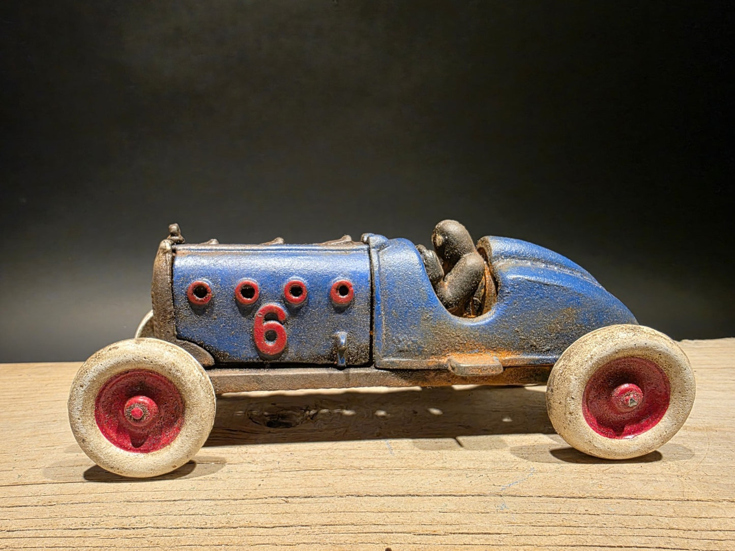 Antique Vintage Style Blue Cast Iron Toy Race Car w Lifting Hood