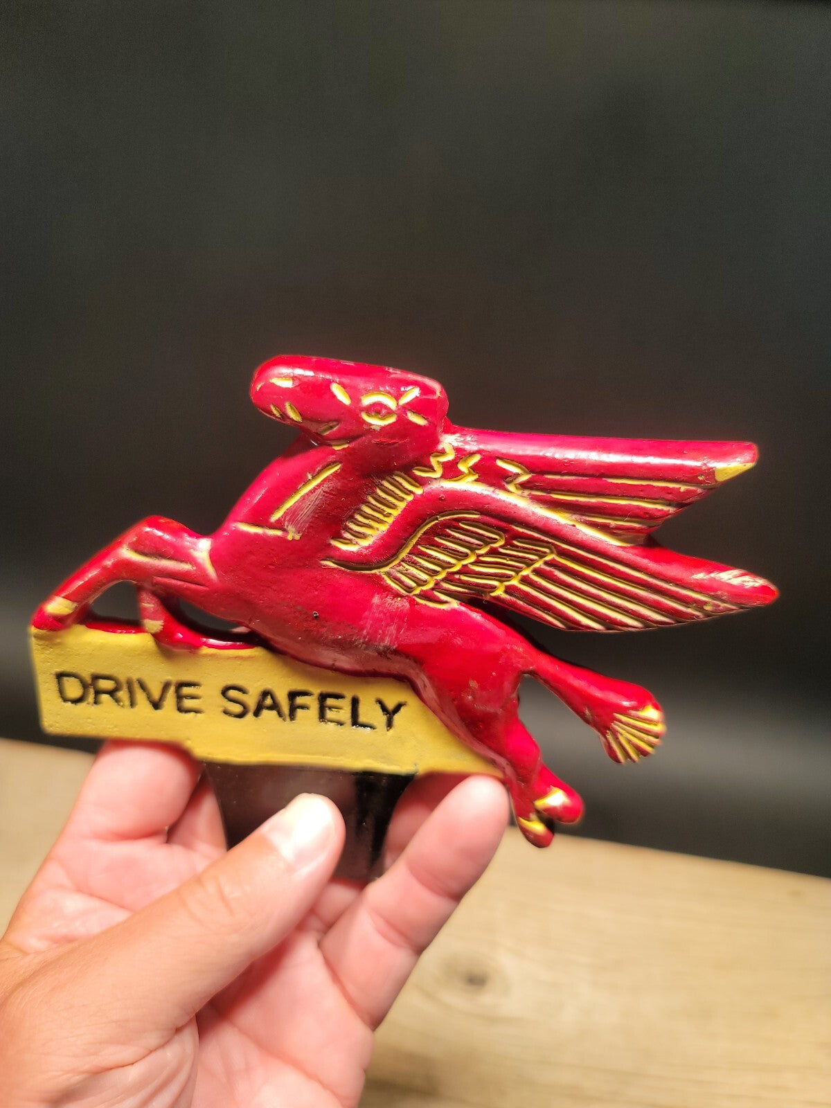 Antique Vintage Style Aluminum Pegasus Drive Safely License Plate Fob Topper