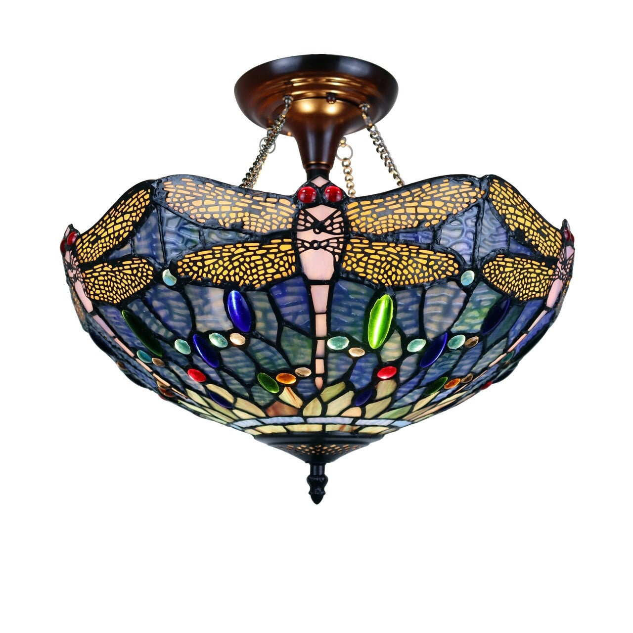 16" Dragonfly Stained Glass Semi Flush Ceiling Uplight