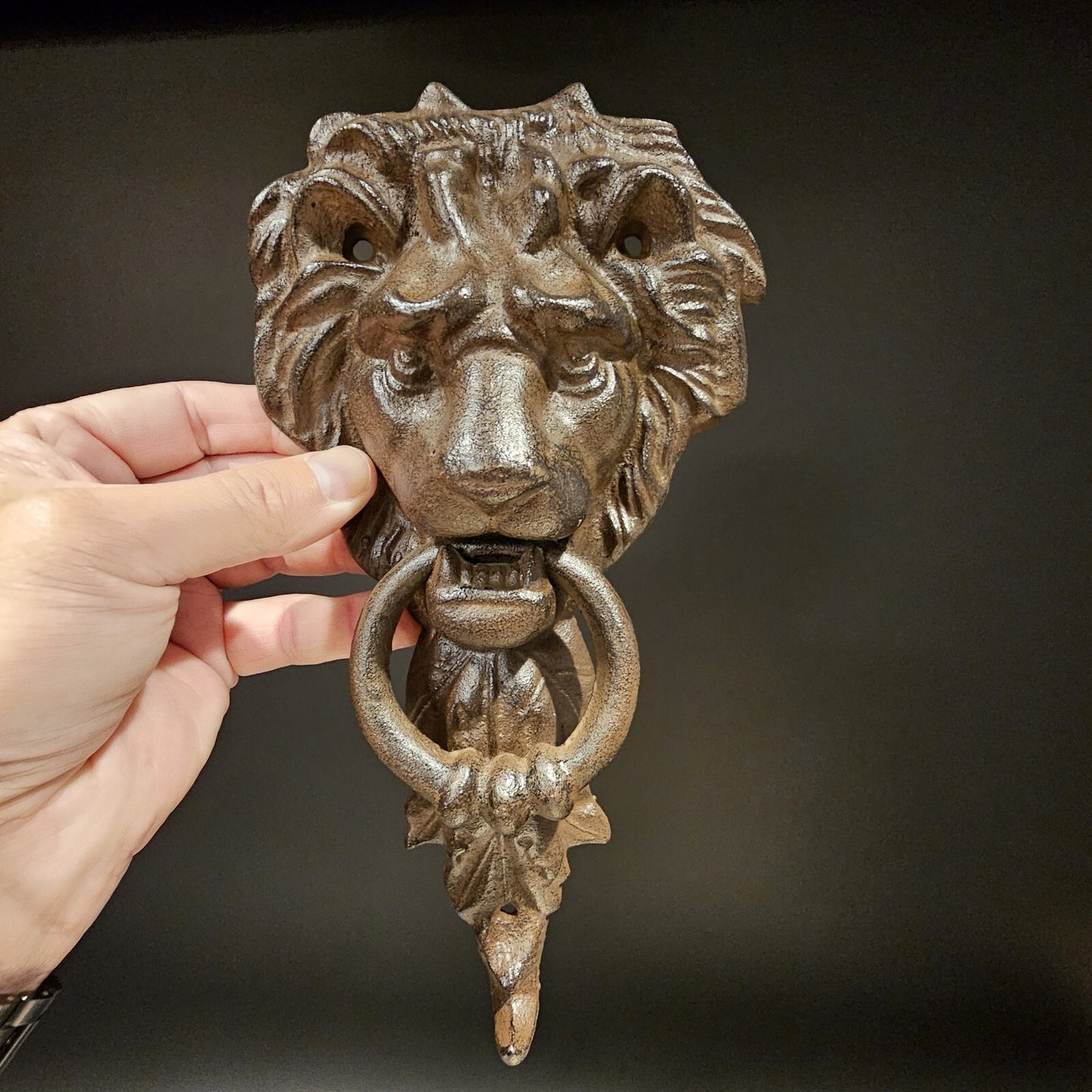 Antique Vintage Style Cast Iron Lion Door Knocker w Hook