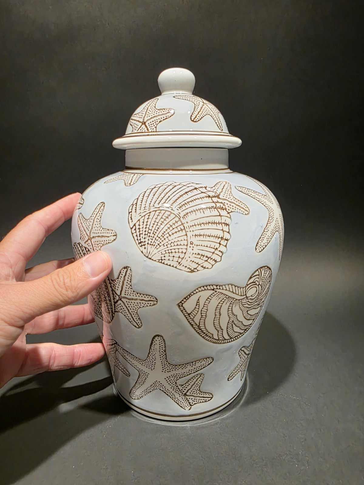 10" Vintage Style Sea Blue Ceramic Coastal Seashell Jar