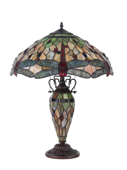24" Antique Vintage Style Stained Glass Dragonfly Lighted Base Table Lamp