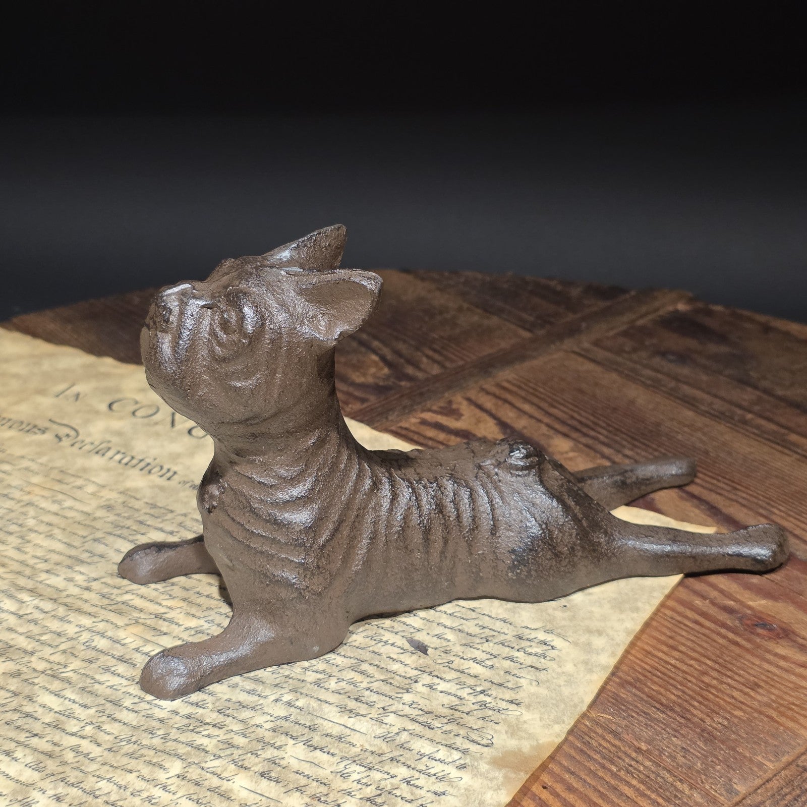 Cast Iron French Bulldog Doorstop – Vintage Style Reclining Dog Rust/Black