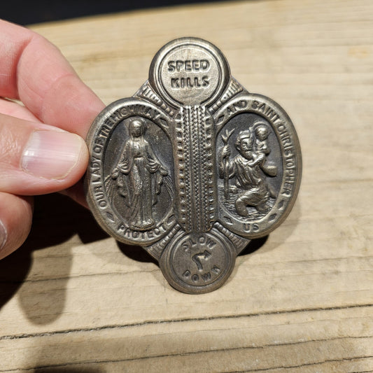 Antique Vintage Style Aluminum St. Christopher Patron of Safe Travel Visor Clip