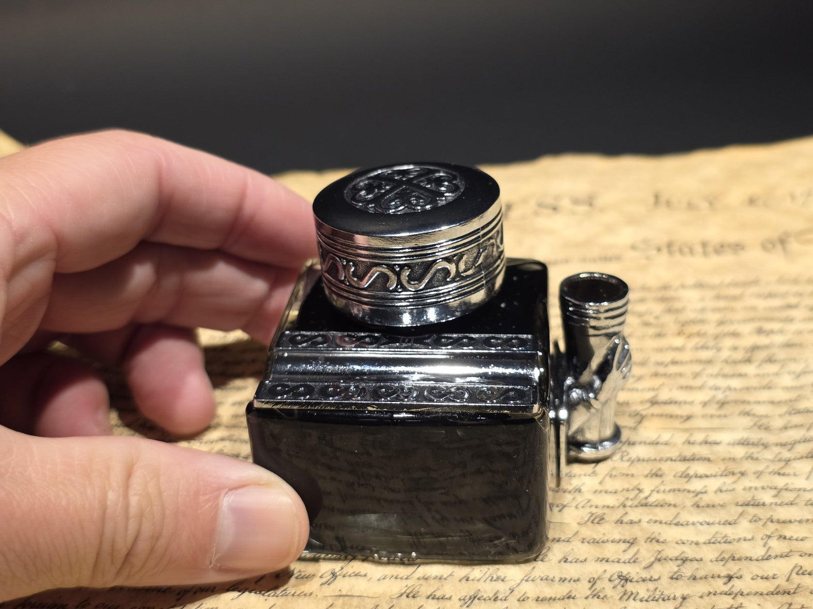 5" Antique Style Glass Inkwell Pen Rest Filled with 1.75 oz Black Ink