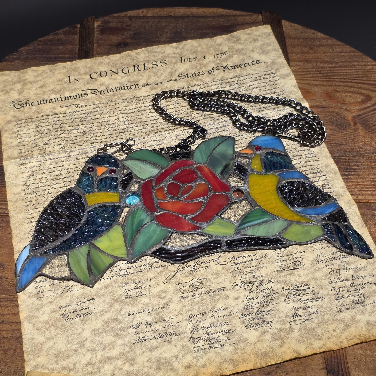 Tiffany Style Stained Glass Birds Panel – Rose Floral Suncatcher