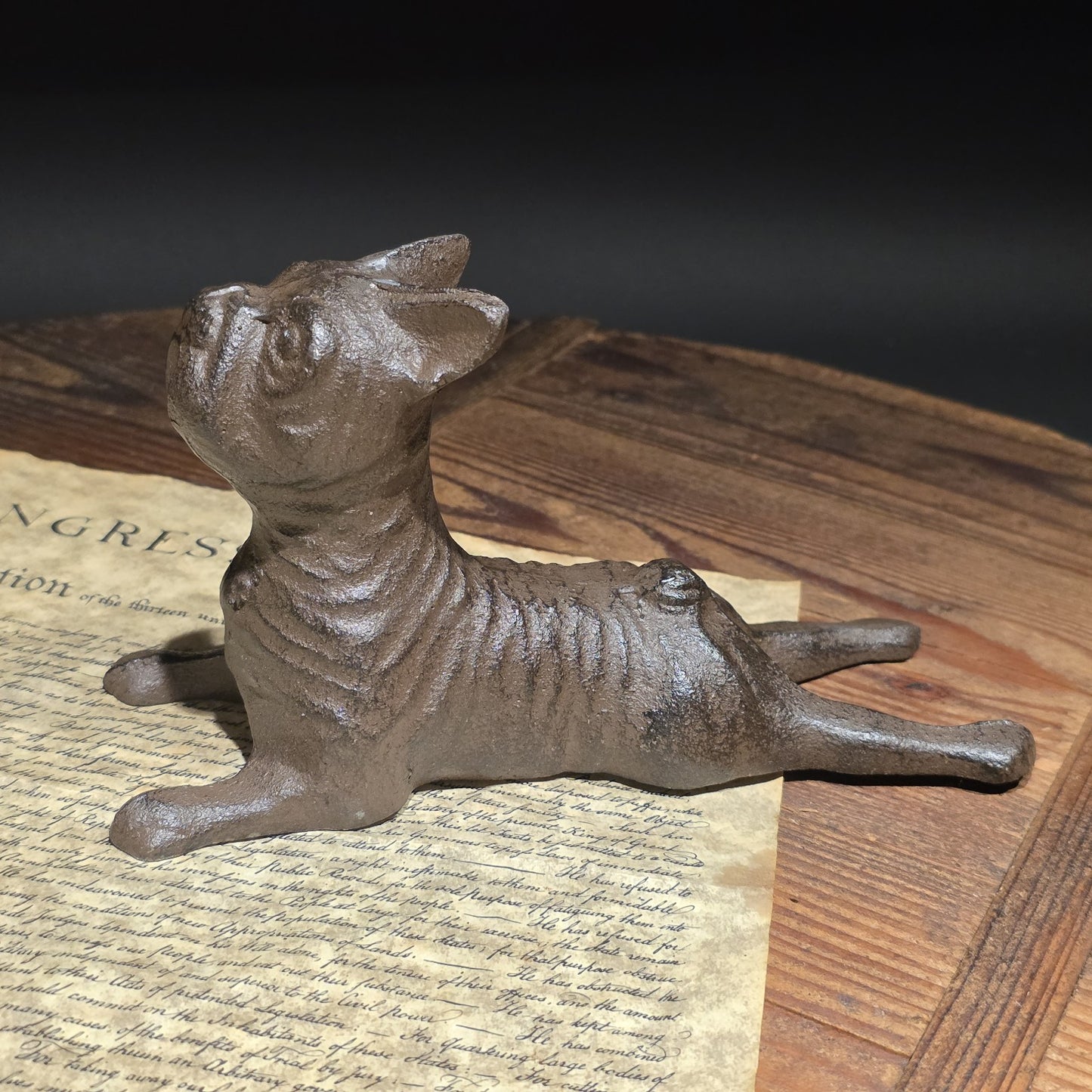 Cast Iron French Bulldog Doorstop – Vintage Style Reclining Dog Rust/Black