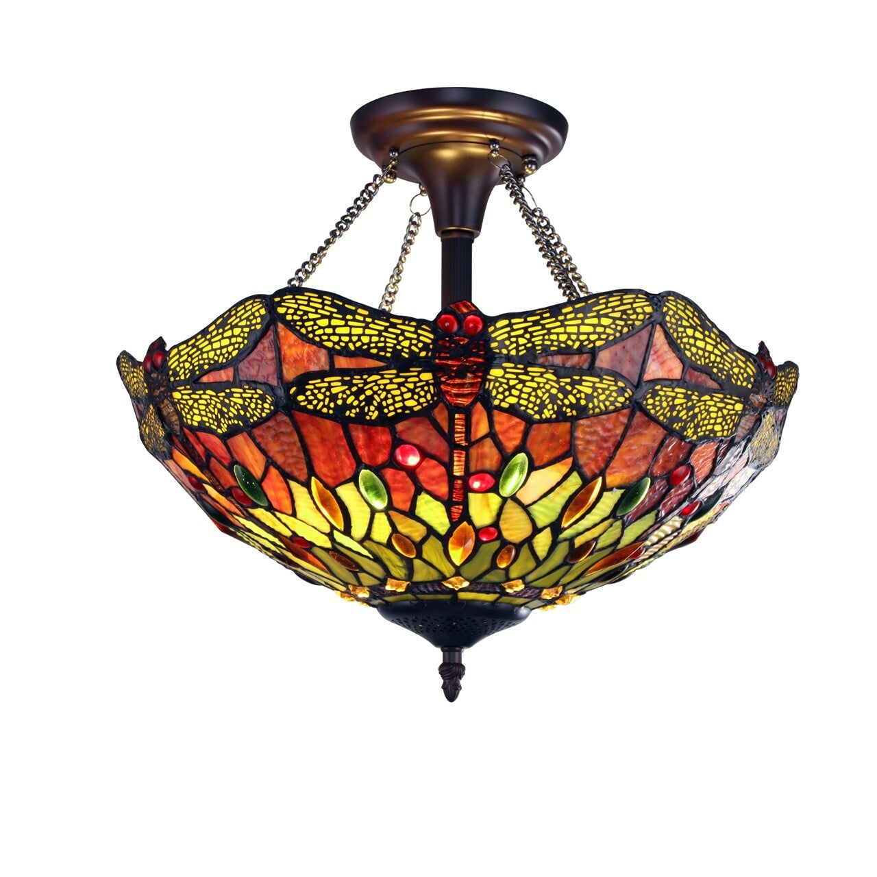 16" Dragonfly Stained Glass Semi Flush Ceiling Uplight