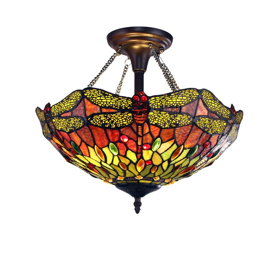 16" Dragonfly Stained Glass Semi Flush Ceiling Uplight