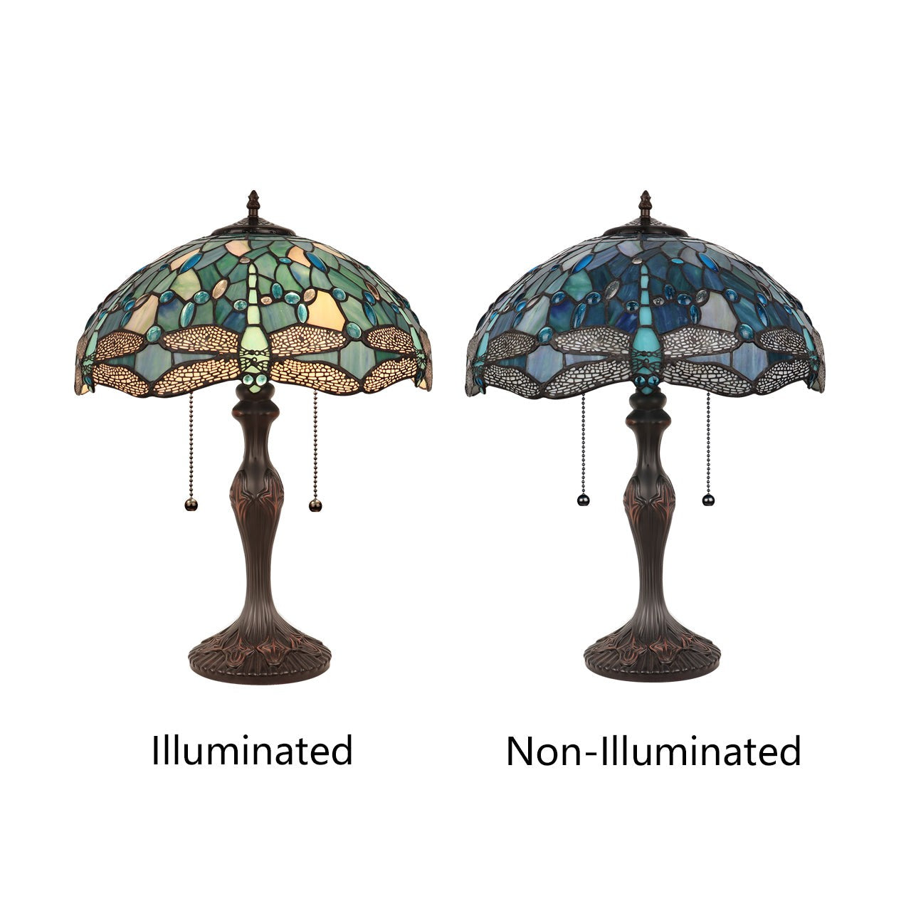 22.24" Antique Vintage Style Stained Glass Dragonfly Lighted Base Table Lamp
