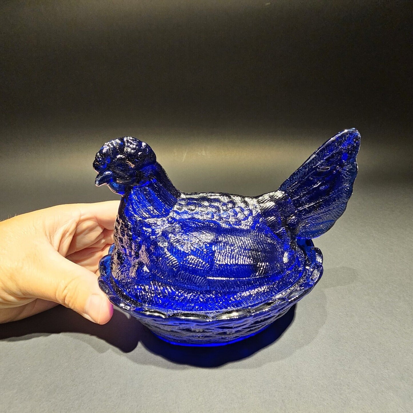 Antique Vintage Style Cobalt Blue Depression Glass Chicken Hen On Nest Dish