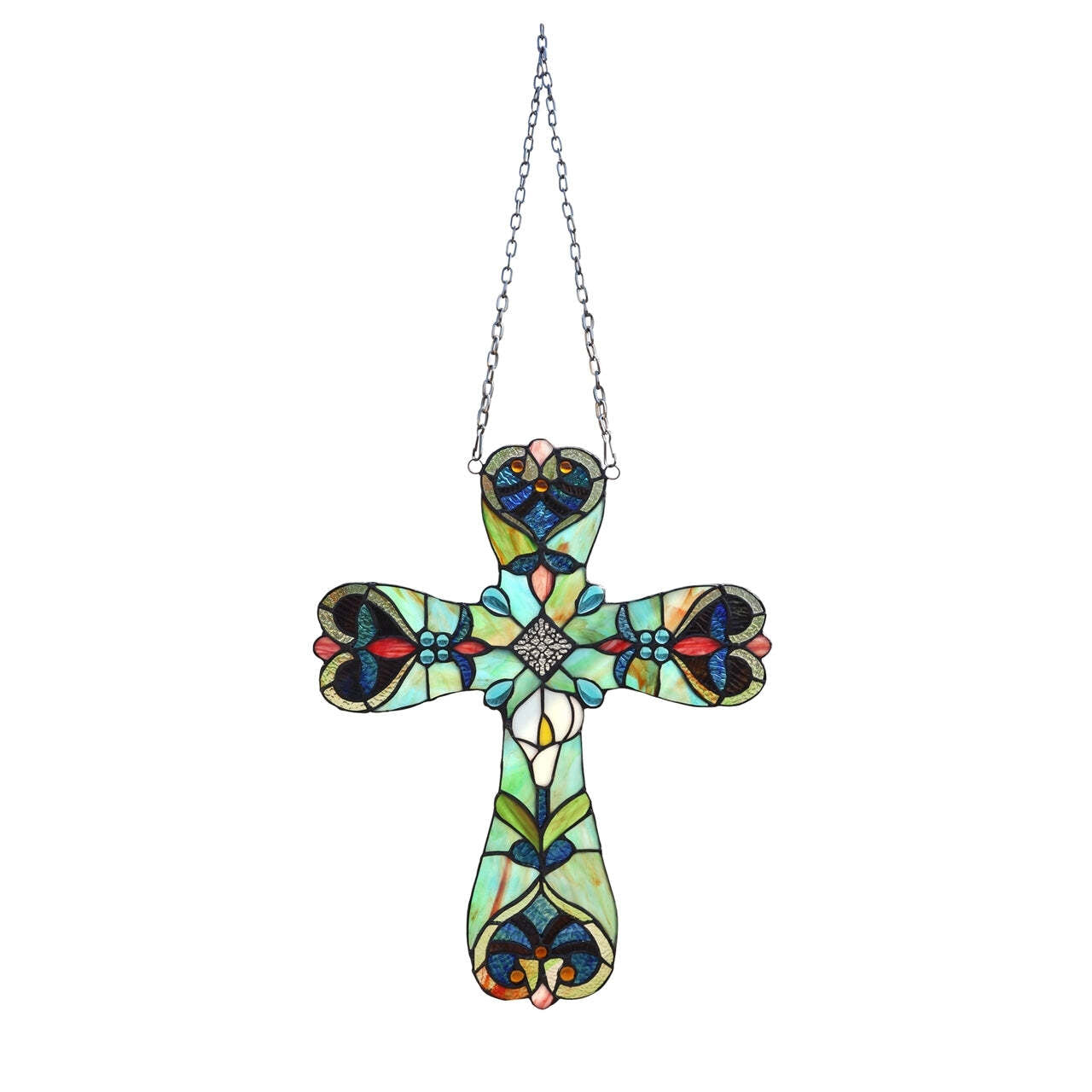 20" Antique Vintage Style Stained Glass Cross Window Hanging Panel Suncatcher