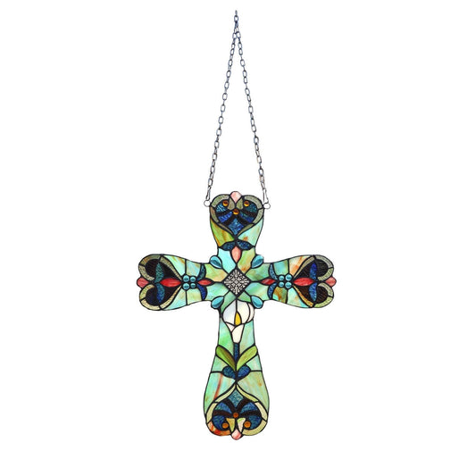 20" Antique Vintage Style Stained Glass Cross Window Hanging Panel Suncatcher