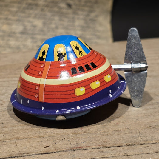 New Tin Litho Flying Saucer Toy Wind-Up UFO Spaceship Retro Space Age