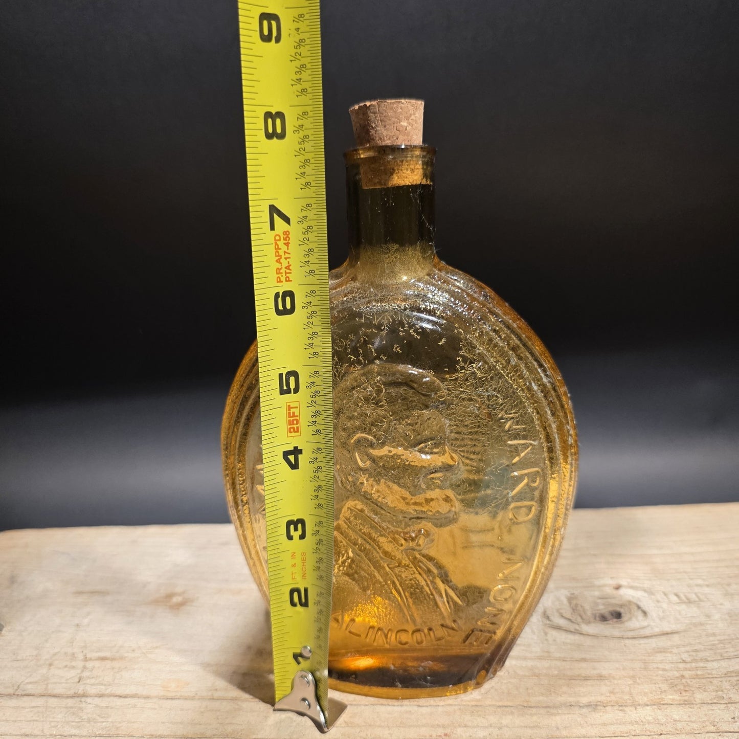 8" Vintage Style Amber Glass Abraham Lincoln Decanter Flask Bottle